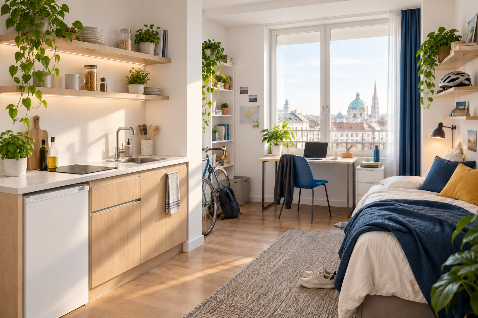 Helles Wiener Studentenstudio mit kleiner Küchenzeile, Schreibtisch und Bett